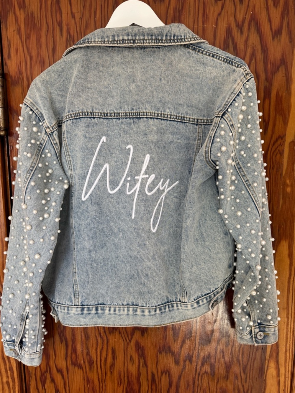 Light Blue Pearl-Embellished Denim Jacket with 'Wifey' Script